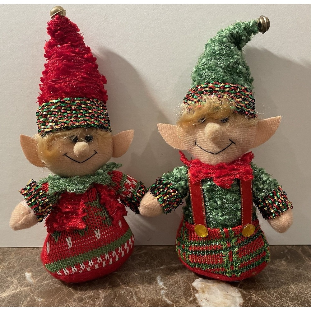 2 Elves Plush‎ Bean Bag Christmas Stuffed Dolls Weighted Bottoms Holiday 7.5"